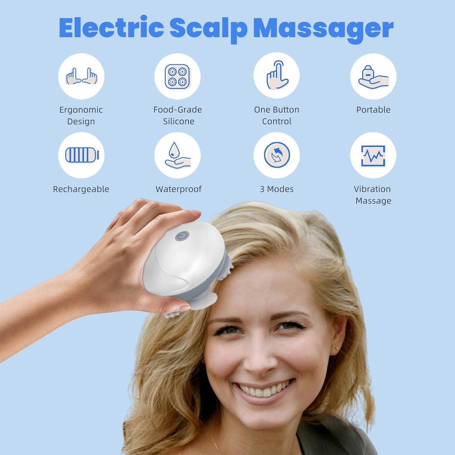 Scalp Massager for Men Women, Handheld Cat Dog Pet Head Massager with 4 Massage Heads, 3 Speeds, Waterproof Massager for Soothing, Stress Relaxation