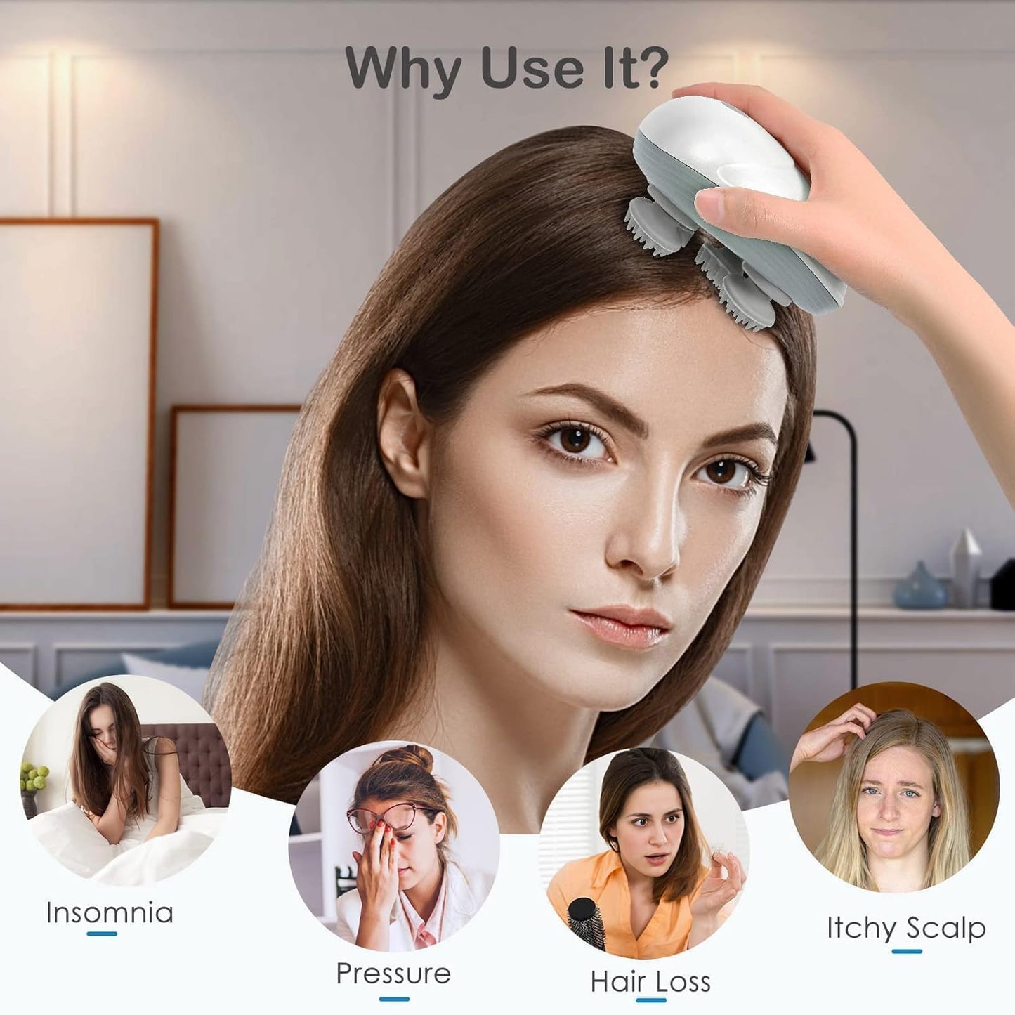 Scalp Massager for Men Women, Handheld Cat Dog Pet Head Massager with 4 Massage Heads, 3 Speeds, Waterproof Massager for Soothing, Stress Relaxation
