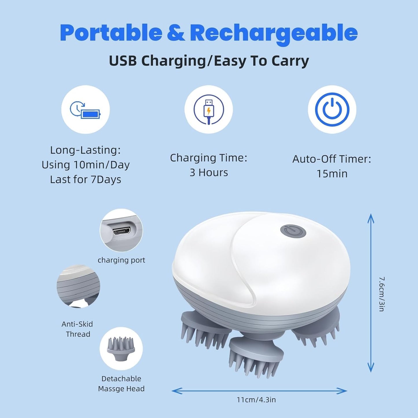 Scalp Massager for Men Women, Handheld Cat Dog Pet Head Massager with 4 Massage Heads, 3 Speeds, Waterproof Massager for Soothing, Stress Relaxation
