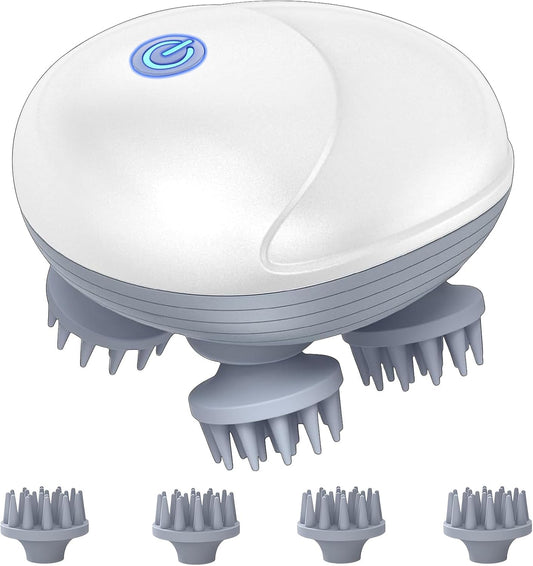 Scalp Massager for Men Women, Handheld Cat Dog Pet Head Massager with 4 Massage Heads, 3 Speeds, Waterproof Massager for Soothing, Stress Relaxation