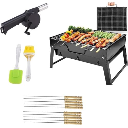 Barbecue Grills - Foldable Charcoal Barbeque Grill With (2 Spatula, 1 BBQ, 10 Stick & 1 Air Blower ) | Outdoor BBQ grill tools
